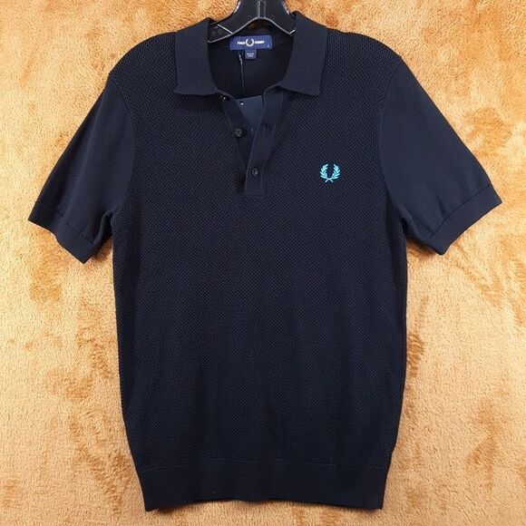 FRED PERRY Polo Shirt Mens Small Black Textured Knit Front Logo Preppy Golf $160 - Picture 2 of 10